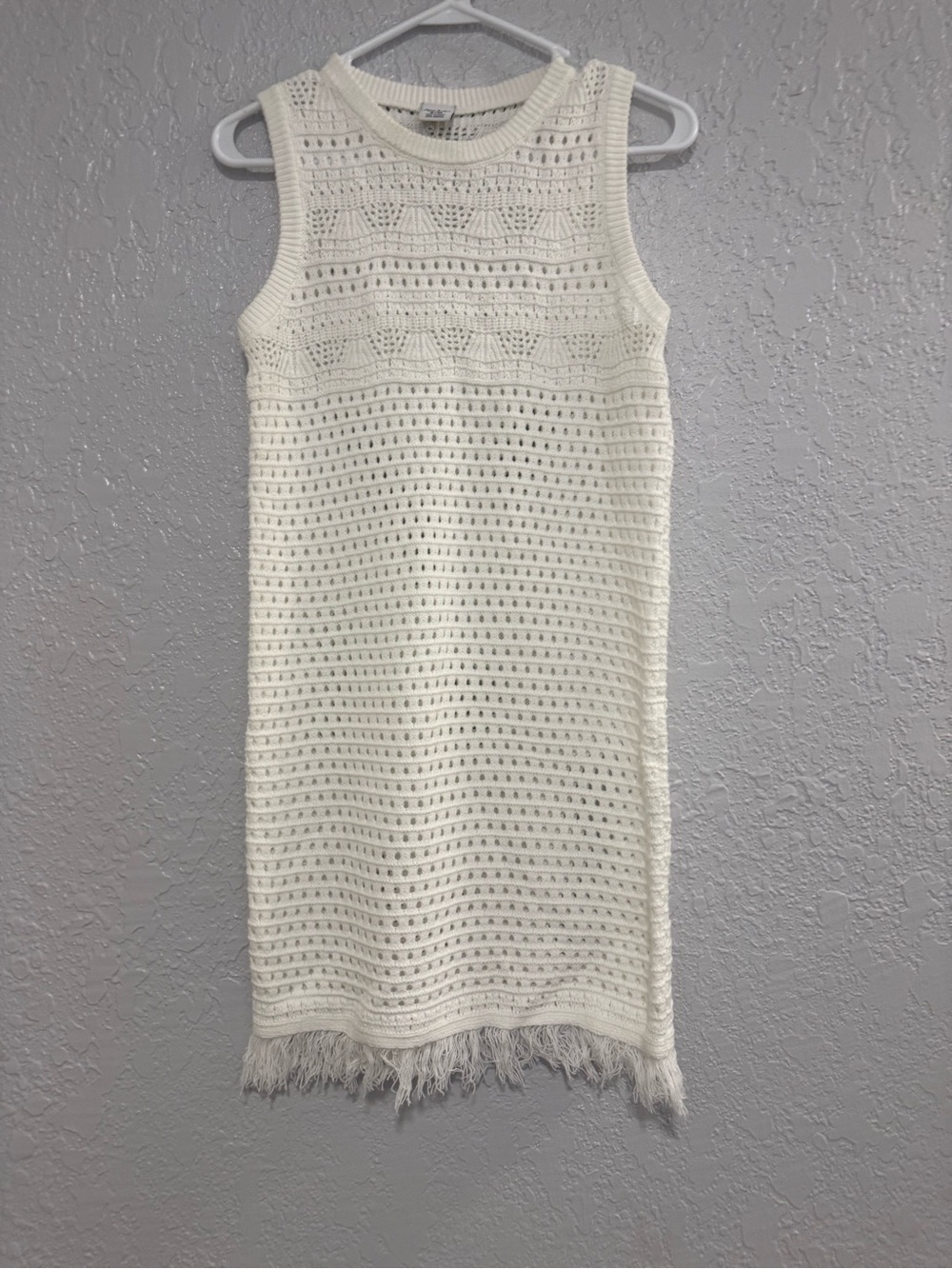 Girls' Cream Crochet Knit Dress with Fringe